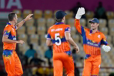 Netherlands players celebrate Kamindu Mendis wicket